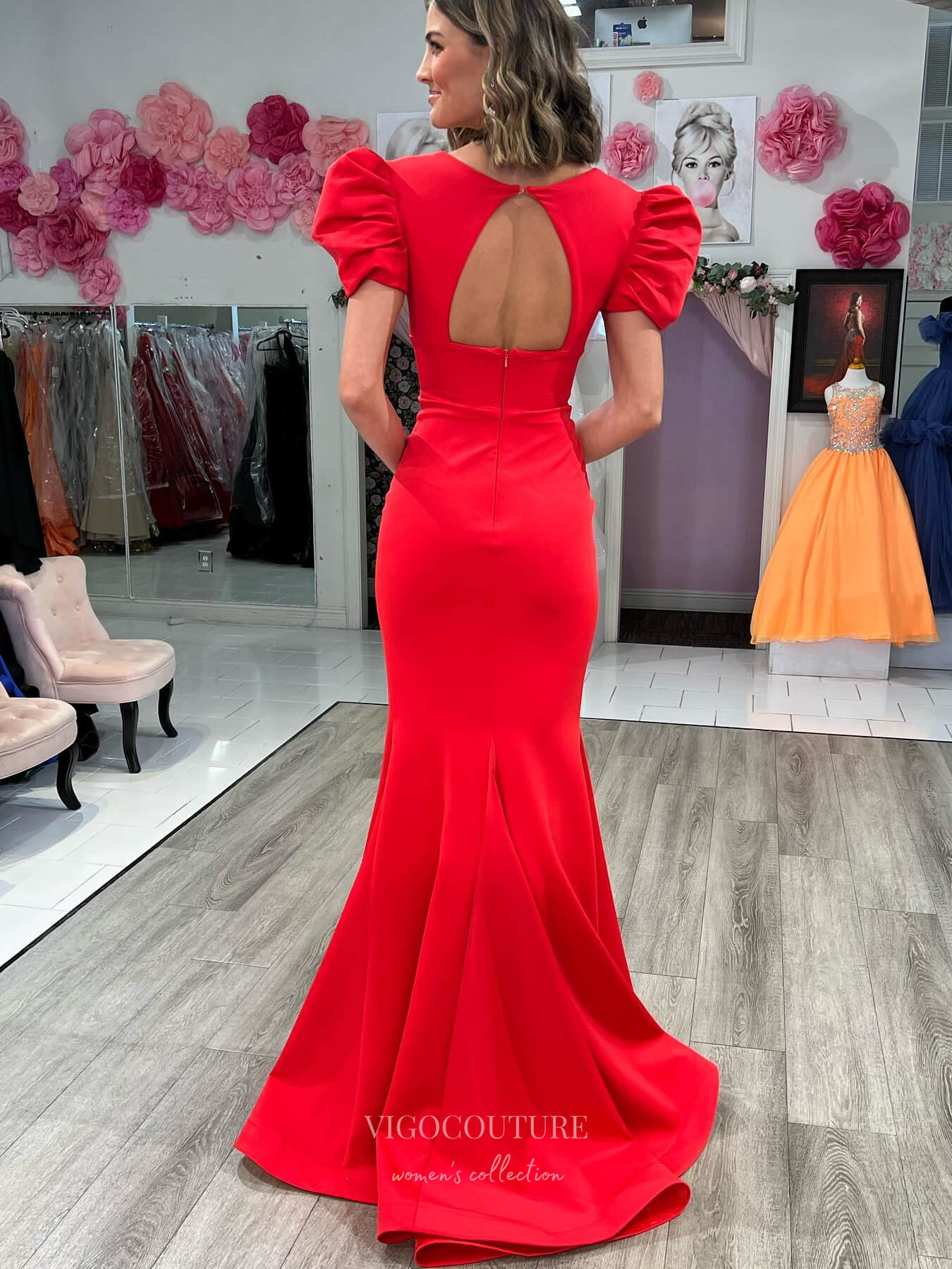 Prom Dress 2025 Red Puffed Sleeve Satin Mermaid Prom Dresses with Slit V-Neck 24162-unique elegant Prom Dresses-Red-Custom Size-vigocouture