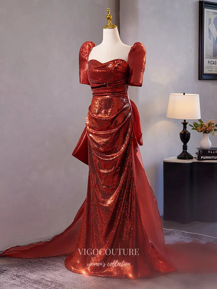 Prom Dress 2025 Red Puffed Sleeve Sweetheart Prom Dresses 2025 Shimmering Satin Bow Tie Evening Dress 25065-unique elegant Prom Dresses-Red-Custom Size-vigocouture