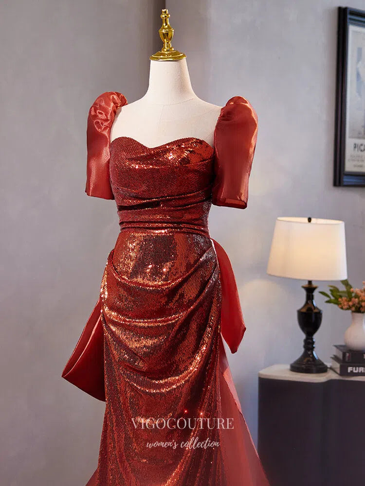 Prom Dress 2025 Red Puffed Sleeve Sweetheart Prom Dresses 2025 Shimmering Satin Bow Tie Evening Dress 25065-unique elegant Prom Dresses-Red-Custom Size-vigocouture