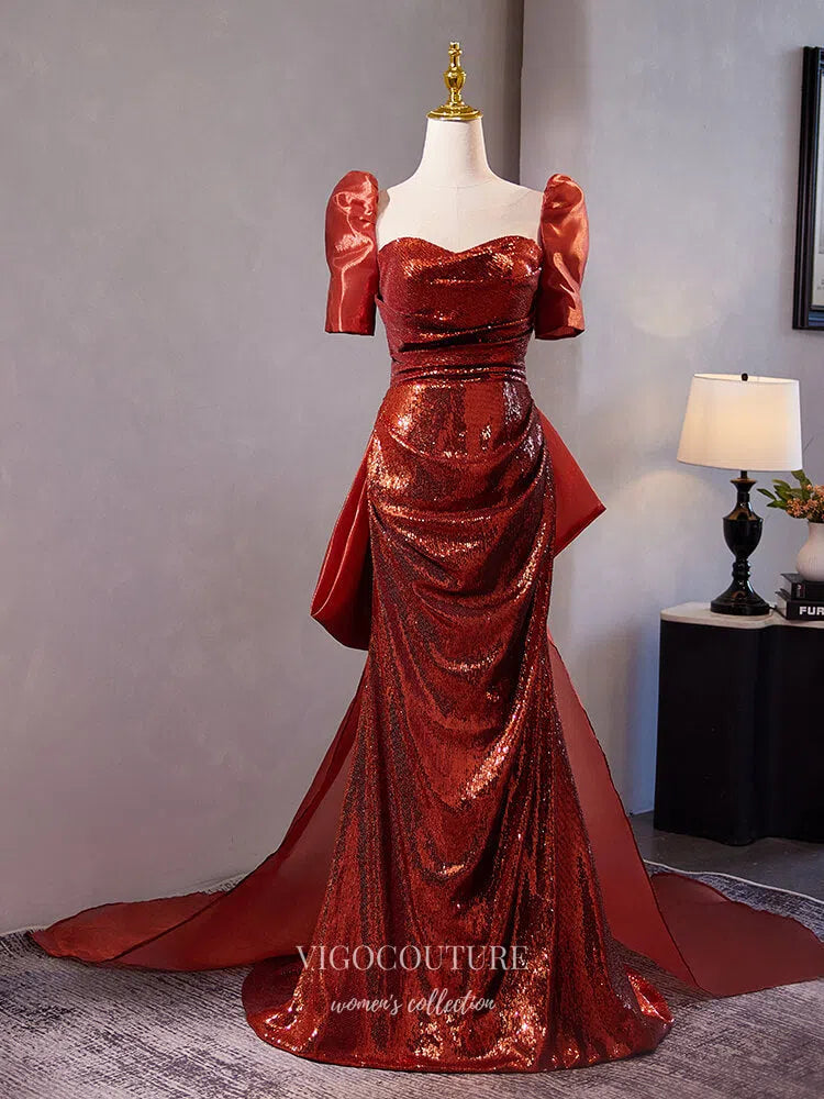 Prom Dress 2025 Red Puffed Sleeve Sweetheart Prom Dresses 2025 Shimmering Satin Bow Tie Evening Dress 25065-unique elegant Prom Dresses-Red-Custom Size-vigocouture