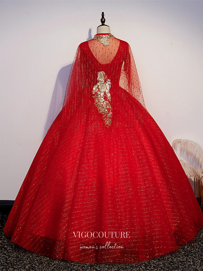 Prom Dress 2025 Red Removable Cape Quinceanera Dresses Lace Applique Princess Dresses 21434-unique elegant Prom Dresses-Red-Custom Size-vigocouture