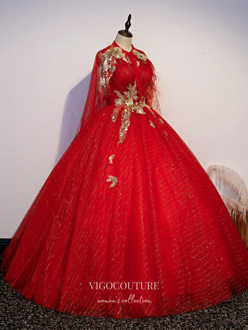 Prom Dress 2025 Red Removable Cape Quinceanera Dresses Lace Applique Princess Dresses 21434-unique elegant Prom Dresses-Red-Custom Size-vigocouture