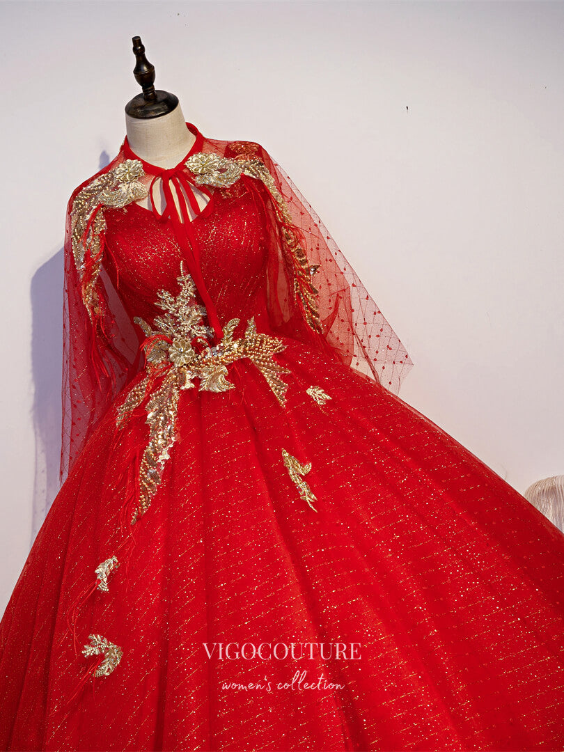 Prom Dress 2025 Red Removable Cape Quinceanera Dresses Lace Applique Princess Dresses 21434-unique elegant Prom Dresses-Red-Custom Size-vigocouture