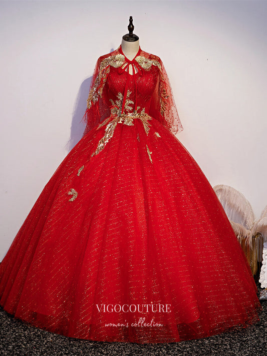 Prom Dress 2025 Red Removable Cape Quinceanera Dresses Lace Applique Princess Dresses 21434-unique elegant Prom Dresses-Red-Custom Size-vigocouture