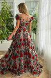 Prom Dress 2025 Red Rose Blossom Prom Dresses with Pockets Puffed Sleeve V-Neck 24482-unique elegant Prom Dresses-Red-Custom Size-vigocouture