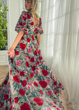 Prom Dress 2025 Red Rose Blossom Prom Dresses with Pockets Puffed Sleeve V-Neck 24482-unique elegant Prom Dresses-Red-Custom Size-vigocouture