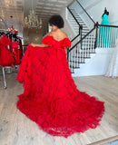 Prom Dress 2025 Red Ruffled Puffed Sleeve Prom Dresses with Slit Off the Shoulder Formal Gown 24031-unique elegant Prom Dresses-Red-Custom Size-vigocouture