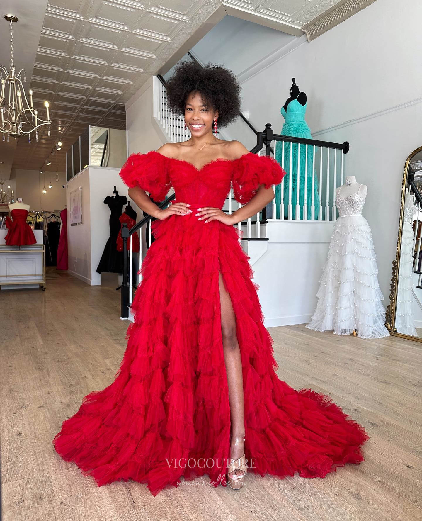 Red Ruffled Puffed Sleeve Prom Dresses with Slit Off the Shoulder