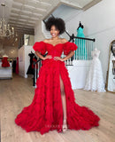 Prom Dress 2025 Red Ruffled Puffed Sleeve Prom Dresses with Slit Off the Shoulder Formal Gown 24031-unique elegant Prom Dresses-Red-Custom Size-vigocouture