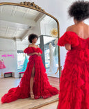 Prom Dress 2025 Red Ruffled Puffed Sleeve Prom Dresses with Slit Off the Shoulder Formal Gown 24031-unique elegant Prom Dresses-Red-Custom Size-vigocouture