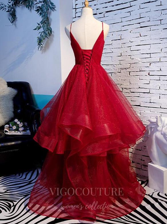 Prom Dress 2025 Red Ruffled Tulle Prom Dresses Spaghetti Strap Formal Dress 20548-unique elegant Prom Dresses-Red-US2-vigocouture