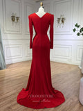 Prom Dress 2025 Red Satin Beaded Lace Prom Dresses Long Sleeve V-Neck Formal Dress 24517-unique elegant Prom Dresses-Red-US2-vigocouture