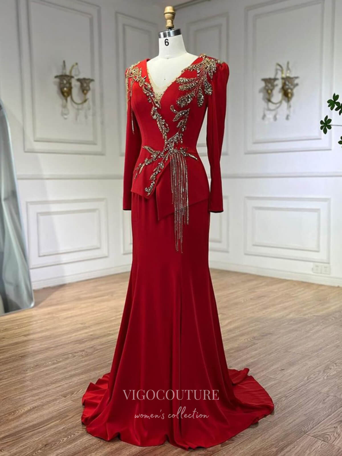 Prom Dress 2025 Red Satin Beaded Lace Prom Dresses Long Sleeve V-Neck Formal Dress 24517-unique elegant Prom Dresses-Red-US2-vigocouture