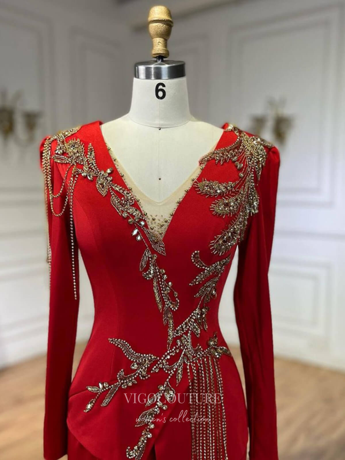 Prom Dress 2025 Red Satin Beaded Lace Prom Dresses Long Sleeve V-Neck Formal Dress 24517-unique elegant Prom Dresses-Red-US2-vigocouture