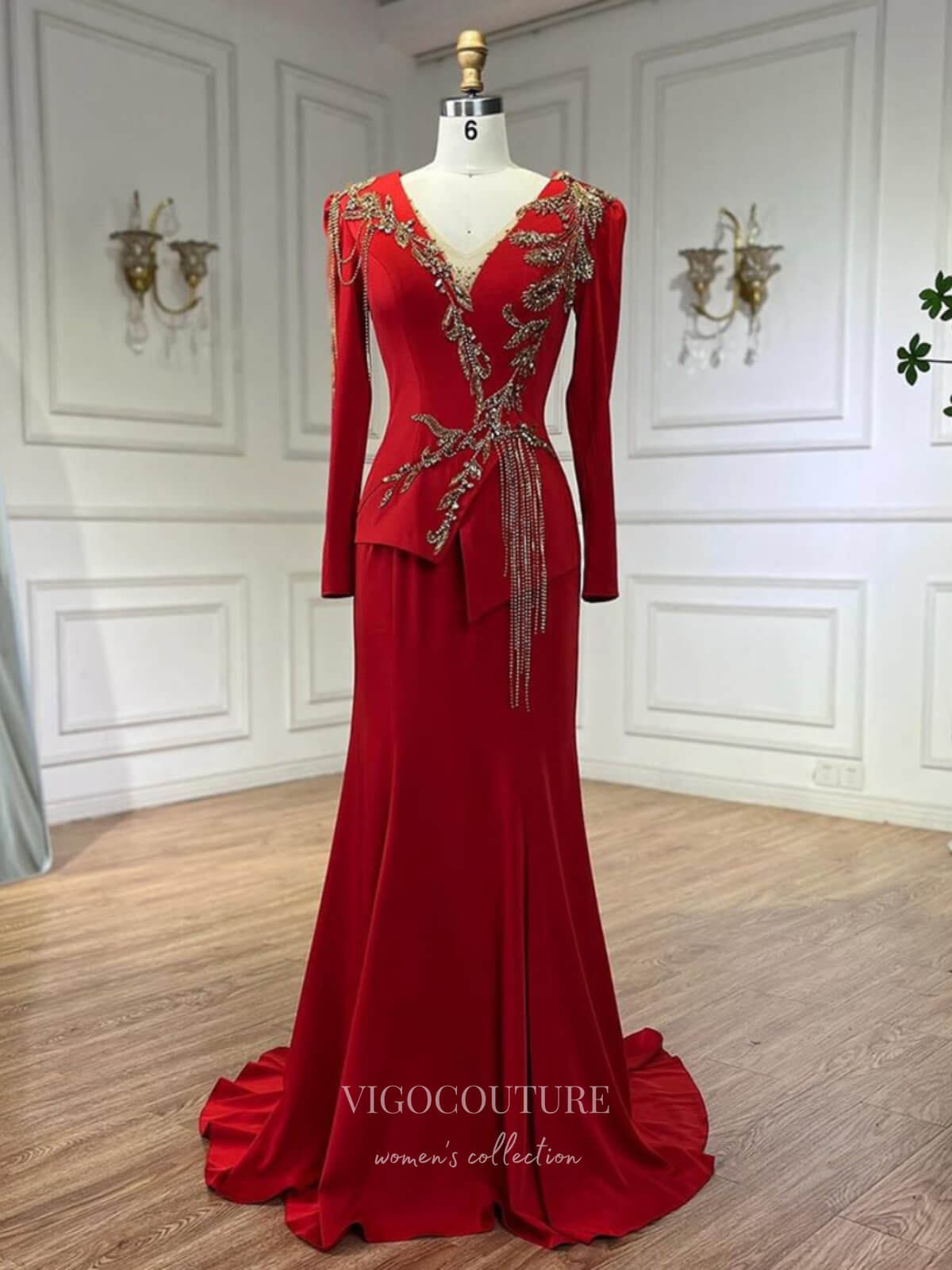 Prom Dress 2025 Red Satin Beaded Lace Prom Dresses Long Sleeve V-Neck Formal Dress 24517-unique elegant Prom Dresses-Red-US2-vigocouture