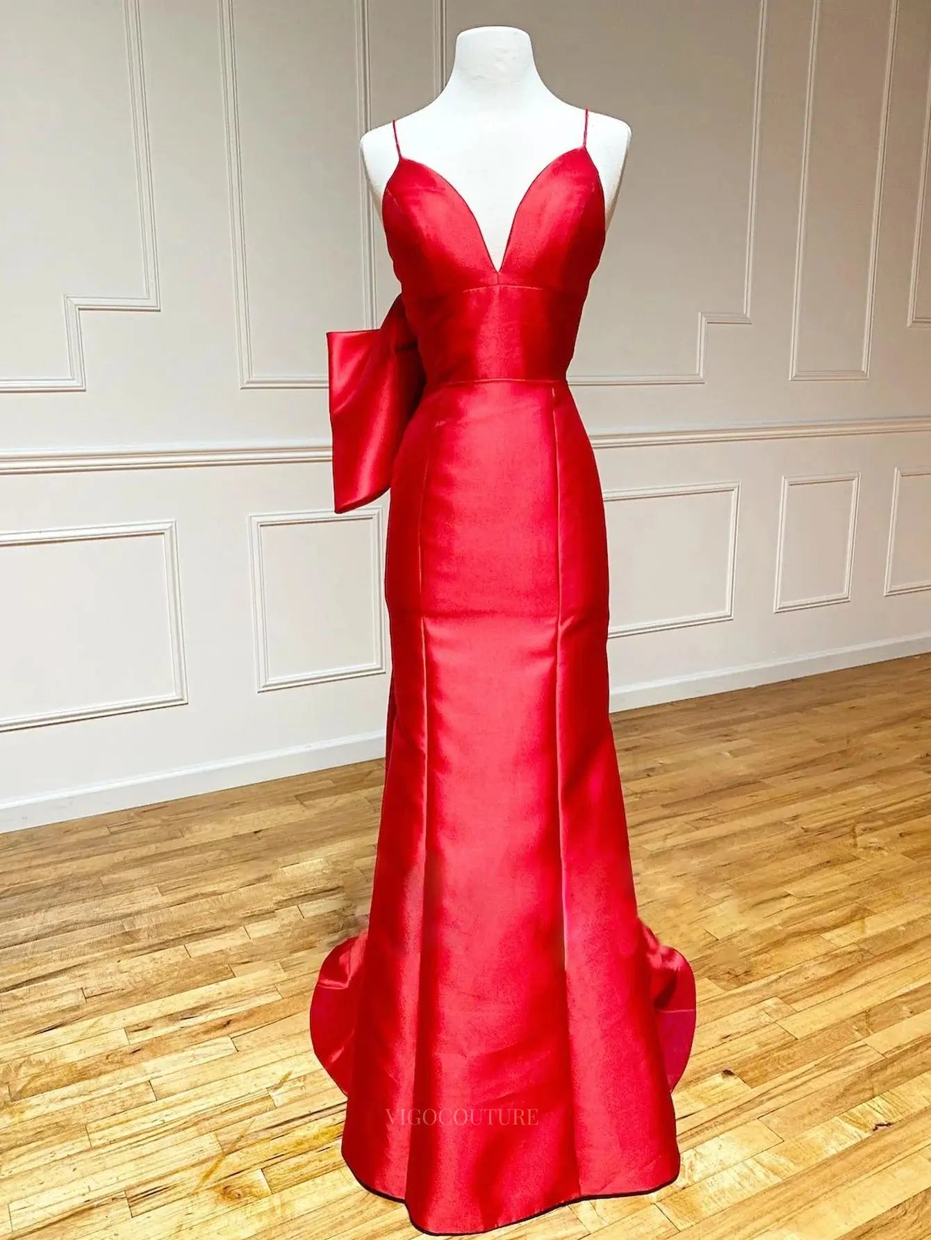 Prom Dresses 2025 to impress Red Satin Bow Tie Prom Dresses 2025 Spaghetti Strap Sweetheart Neck Formal Dress – 25165-vigocouture-Red-Custom Size-vigocouture