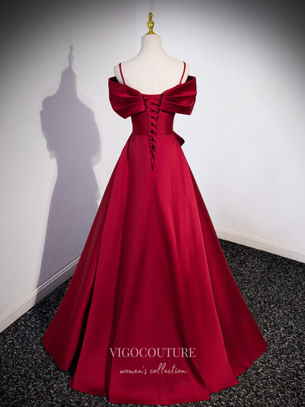 Red Satin Bow Tie Prom Dresses Spaghetti Strap Formal Gown 24421 Red / US4 Red Satin Bow Tie Prom Dresses Spaghetti Strap Formal Gown 24421 Red / US4
