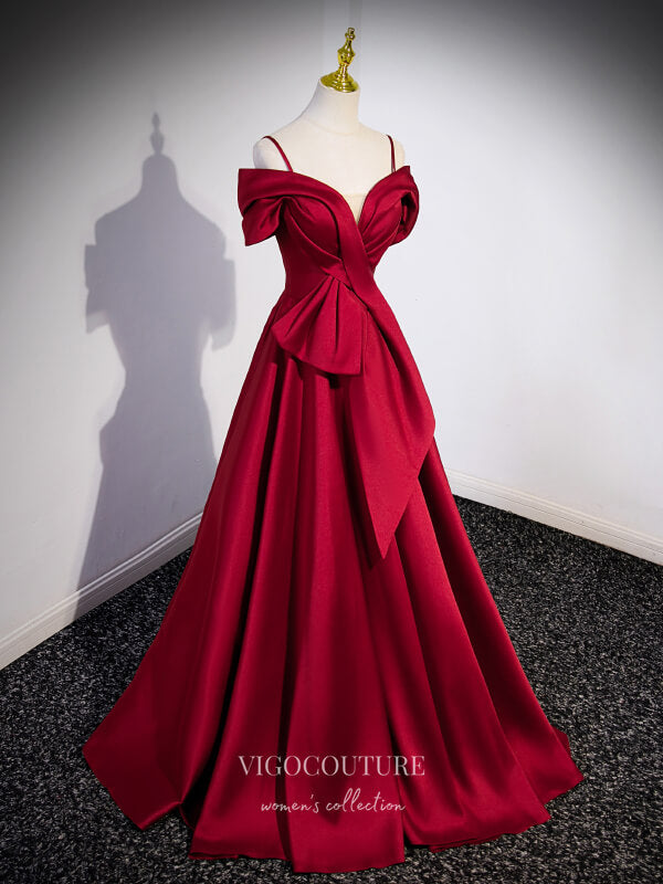 Prom Dress 2025 Red Satin Bow Tie Prom Dresses Spaghetti Strap Formal Gown 24421-unique elegant Prom Dresses-Red-Custom Size-vigocouture