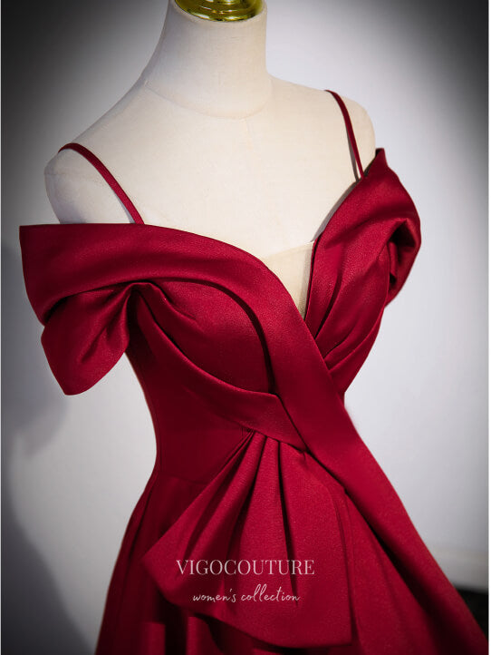 Prom Dress 2025 Red Satin Bow Tie Prom Dresses Spaghetti Strap Formal Gown 24421-unique elegant Prom Dresses-Red-Custom Size-vigocouture