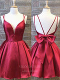 Short Prom Dresses 2025 Red Satin Homecoming Dress Spaghetti Strap Hoco Dress hc027-Prom Dresses-vigocouture-Red-US2-vigocouture