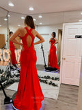 Prom Dress 2025 Red Satin Mermaid Cheap Prom Dresses with Slit Halter Cross Back 24086-unique elegant Prom Dresses-Red-Custom Size-vigocouture