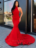 Red Satin Mermaid Halter Neck Prom Dress 20962