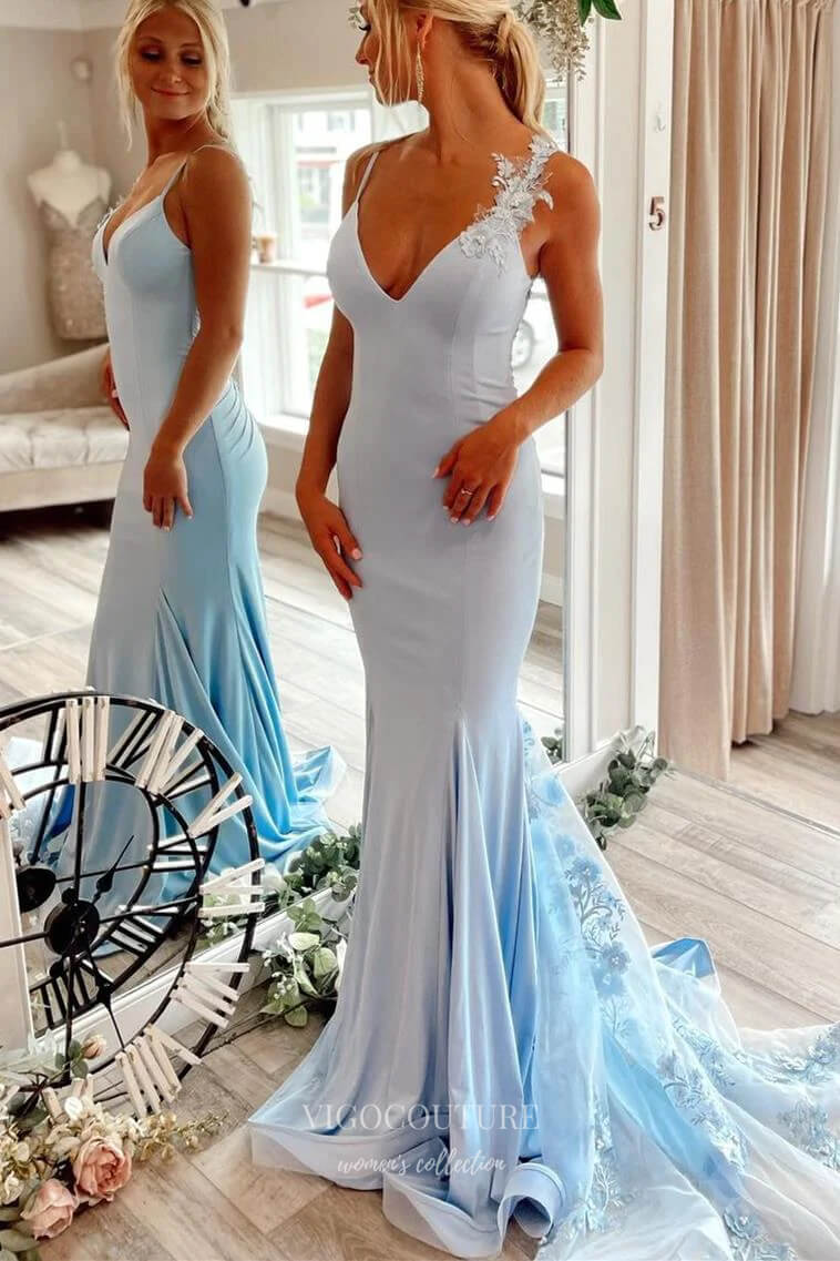 Red Satin Mermaid Prom Dresses Lace Applique Train V-Neck 24089 vigocouture Red Satin Mermaid Prom Dresses Lace Applique Train V-Neck 24089 vigocouture