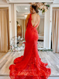 Prom Dress 2025 Red Satin Mermaid Prom Dresses Lace Applique Train V-Neck 24089-unique elegant Prom Dresses-Red-Custom Size-vigocouture