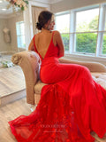 Prom Dress 2025 Red Satin Mermaid Prom Dresses Lace Applique Train V-Neck 24089-unique elegant Prom Dresses-Red-Custom Size-vigocouture