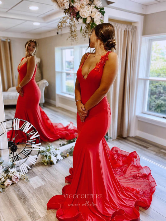 Prom Dress 2025 Red Satin Mermaid Prom Dresses Lace Applique Train V-Neck 24089-unique elegant Prom Dresses-Red-Custom Size-vigocouture