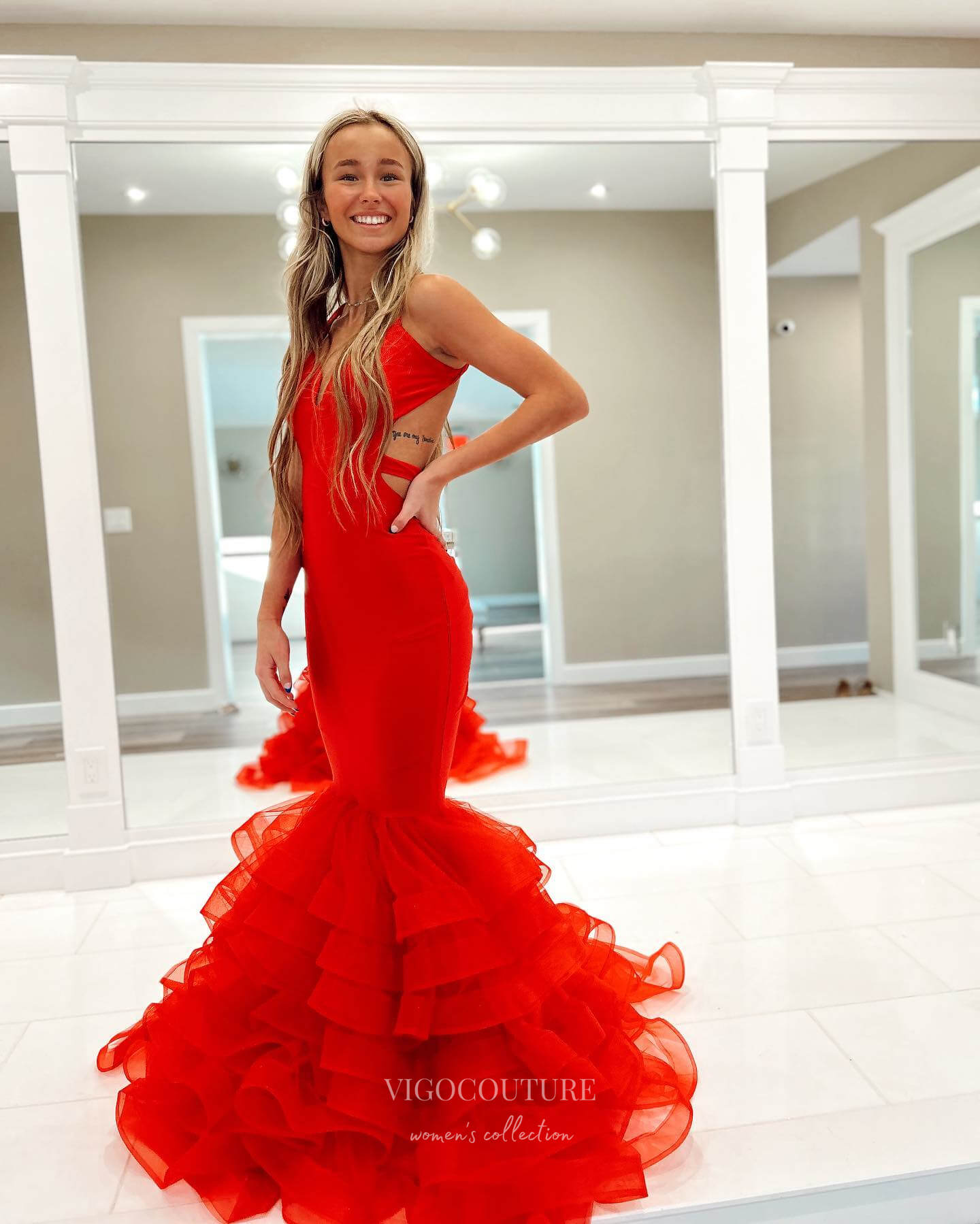 Red Satin Mermaid Prom Dresses Ruffled Evening Dress 24039 Red / 16W Red Satin Mermaid Prom Dresses Ruffled Evening Dress 24039 Red / 16W