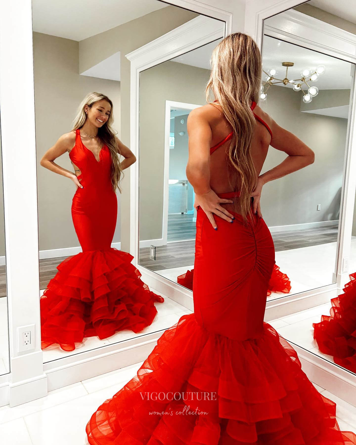 Red Satin Mermaid Prom Dresses Ruffled Evening Dress 24039 Red / 16W Red Satin Mermaid Prom Dresses Ruffled Evening Dress 24039 Red / 16W