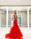 Prom Dress 2025 Red Satin Mermaid Prom Dresses Ruffled Evening Dress 24039-unique elegant Prom Dresses-Red-Custom Size-vigocouture