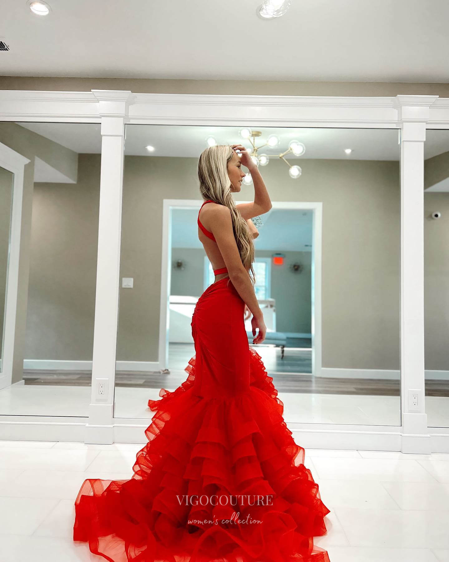 Red Satin Mermaid Prom Dresses Ruffled Evening Dress 24039 Red / 16W Red Satin Mermaid Prom Dresses Ruffled Evening Dress 24039 Red / 16W