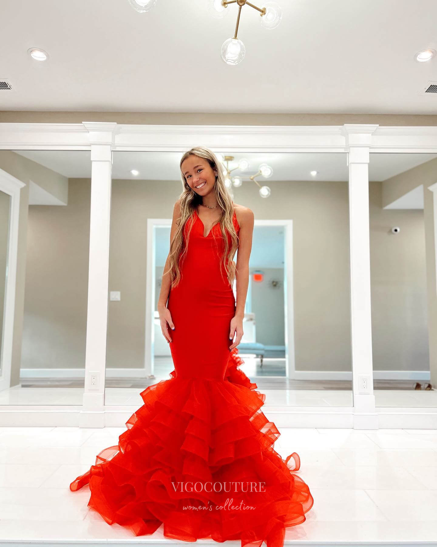 Prom Dress 2025 Red Satin Mermaid Prom Dresses Ruffled Evening Dress 24039-unique elegant Prom Dresses-Red-Custom Size-vigocouture