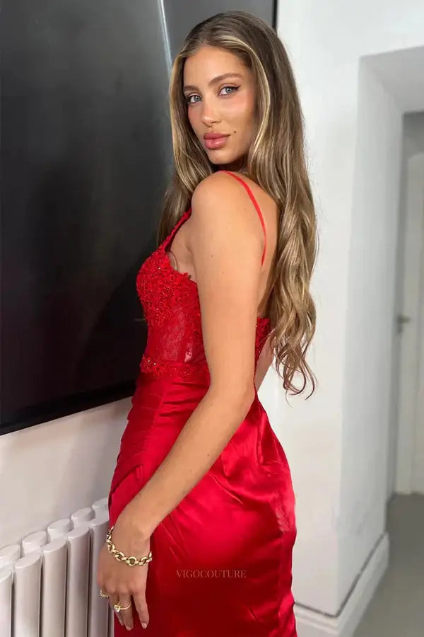 Prom Dresses 2025 to impress Red Satin Mermaid Prom Dresses Spaghetti Strap Lace Formal Dress with Slit – 25130-vigocouture-vigocouture