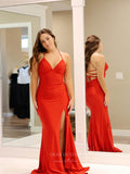 Prom Dress 2025 Red Satin Mermaid Prom Dresses with Slit Spaghetti Strap Corset Back 24095-unique elegant Prom Dresses-Red-Custom Size-vigocouture