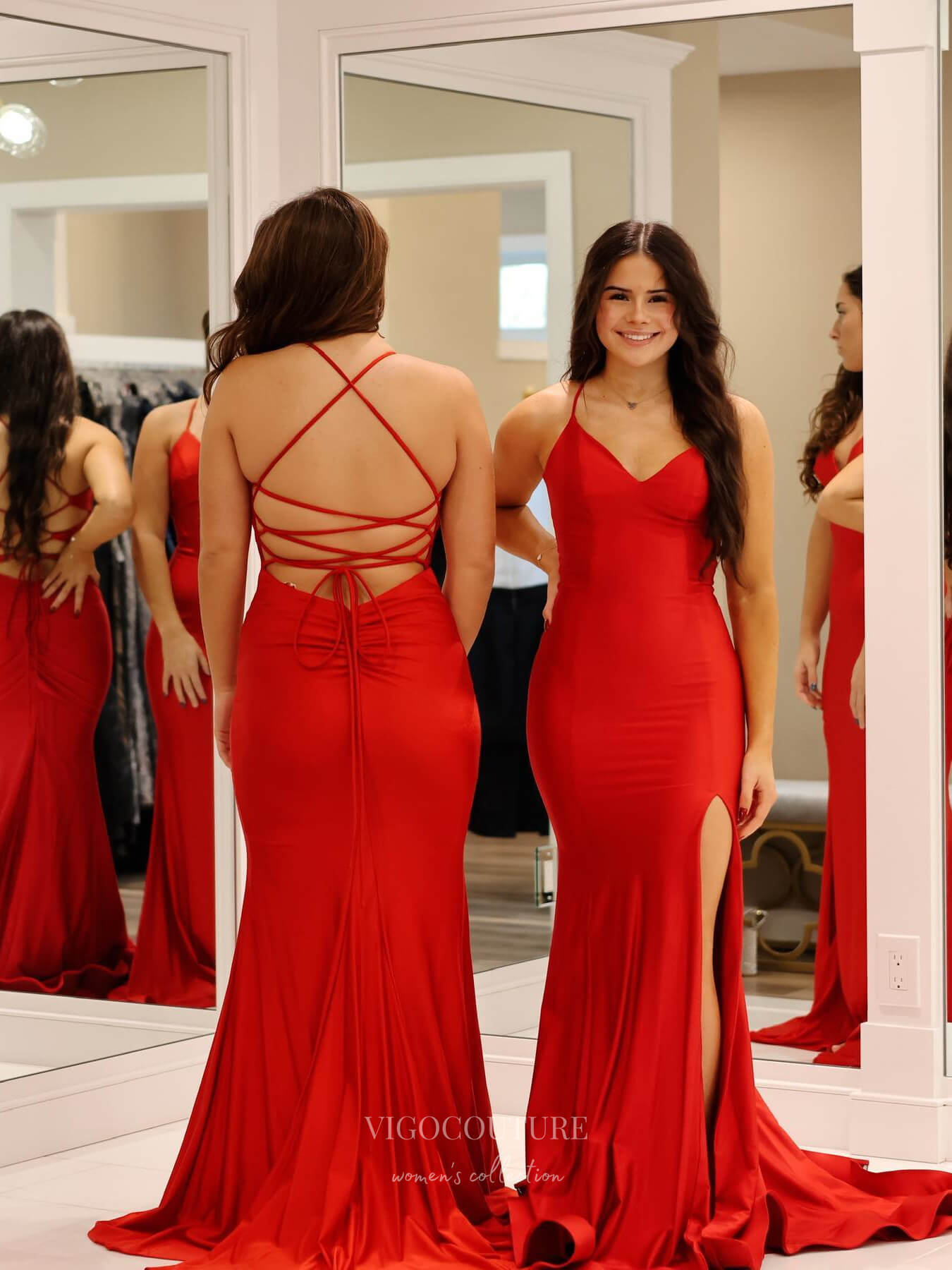 Red Satin Mermaid Prom Dresses with Slit Spaghetti Strap Corset Back 24095 Red / US6 Red Satin Mermaid Prom Dresses with Slit Spaghetti Strap Corset Back 24095 Red / US6