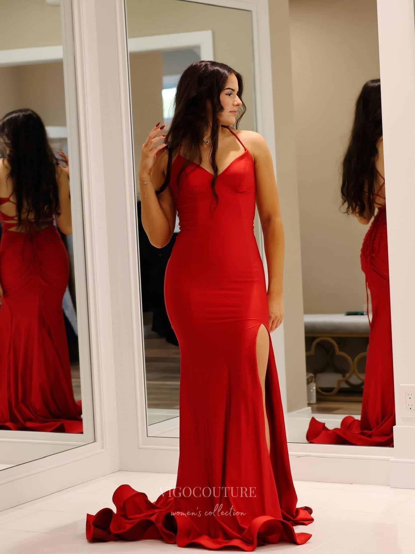 Prom Dress 2025 Red Satin Mermaid Prom Dresses with Slit Spaghetti Strap Corset Back 24095-unique elegant Prom Dresses-Red-Custom Size-vigocouture