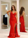 Prom Dress 2025 Red Satin Mermaid Prom Dresses with Slit Spaghetti Strap Corset Back 24095-unique elegant Prom Dresses-Red-Custom Size-vigocouture