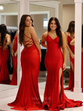 Prom Dress 2025 Red Satin Mermaid Prom Dresses with Slit Spaghetti Strap Corset Back 24095-unique elegant Prom Dresses-Red-Custom Size-vigocouture