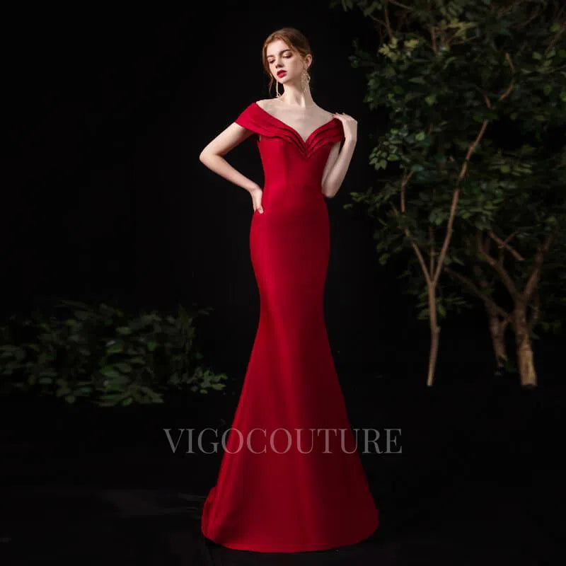 Prom Dress 2025 Red Satin Mermaid Round Neck Prom Dresses 20112-unique elegant Prom Dresses-Red-US2-vigocouture