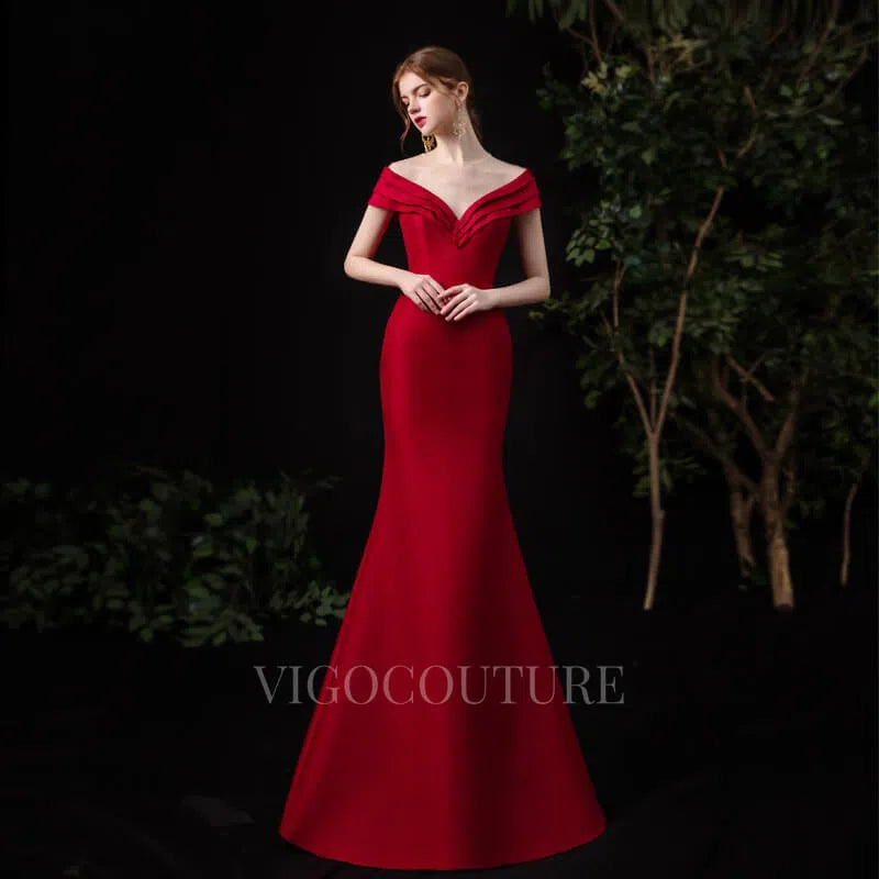 Prom Dress 2025 Red Satin Mermaid Round Neck Prom Dresses 20112-unique elegant Prom Dresses-Red-US2-vigocouture