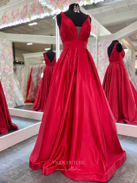 Prom Dress 2025 Red Satin Plunging V-Neck Cheap Prom Dresses Pleated Bodice Open Back 24147-unique elegant Prom Dresses-Red-Custom Size-vigocouture