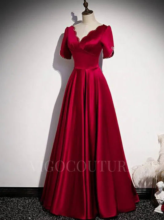 Prom Dress 2025 Red Satin Prom Dress 2022 Short Sleeve Plunging V-Neck Prom Gown-unique elegant Prom Dresses-Red-US2-vigocouture