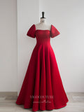 Prom Dress 2025 Red Satin Prom Dresses Puffed Sleeve Formal Dresses 21035-unique elegant Prom Dresses-Red-Custom Size-vigocouture