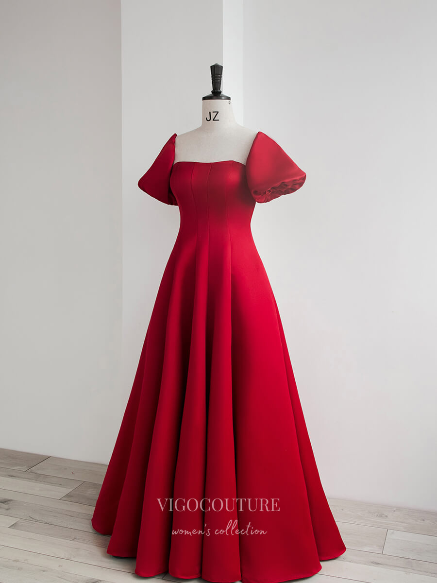 Prom Dress 2025 Red Satin Prom Dresses Puffed Sleeve Formal Dresses 21035-unique elegant Prom Dresses-Red-Custom Size-vigocouture