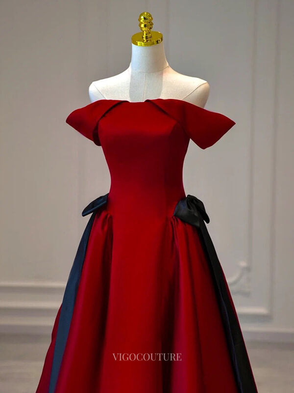 Prom Dresses 2025 to impress Red Satin Prom Dresses with Bow, Off the Shoulder Formal Dresses BG084-vigocouture-vigocouture