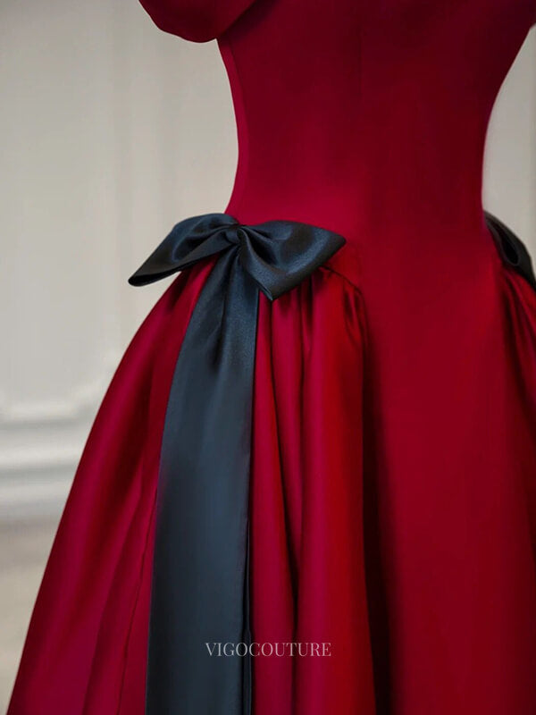 Prom Dresses 2025 to impress Red Satin Prom Dresses with Bow, Off the Shoulder Formal Dresses BG084-vigocouture-vigocouture