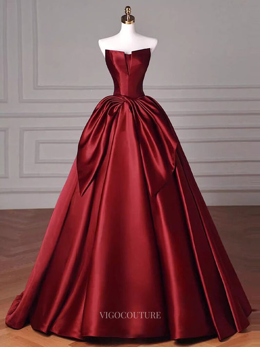 Prom Dresses 2025 to impress Red Satin Prom Dresses with Bow Tie, Strapless Quinceanera Dresses BG074-vigocouture-Red-Custom Size-vigocouture